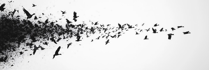 Obraz premium A stunning portrayal of birds in flight, creating a dynamic sense of movement against a white backdrop.