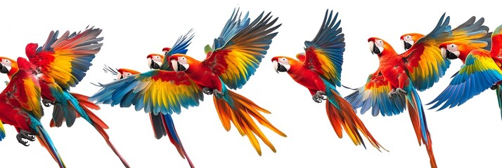 Fototapeta premium A vibrant display of colorful macaws in flight, showcasing their striking plumage in a dynamic arrangement.