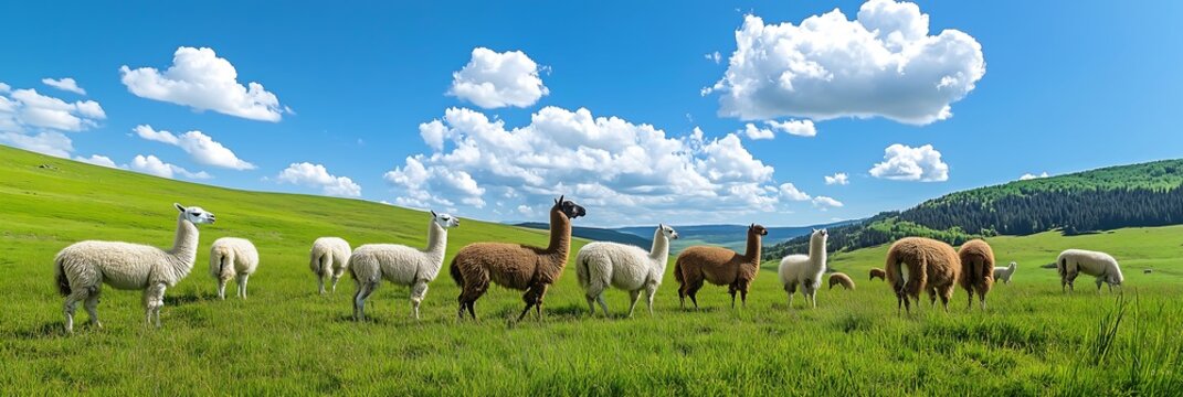 A group of llamas of various colors grazing peacefully in a lush green field under a bright blue sky.