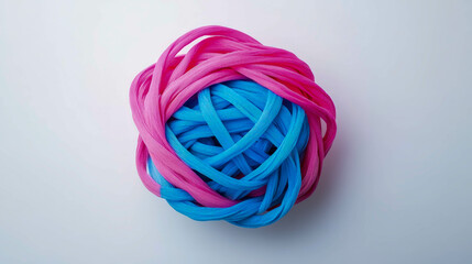 Colorful tangled elastics creating an artistic swirl of pink and blue on a clean white background