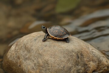 Obraz premium Detailed closeup photo of baby turtle on rock by river