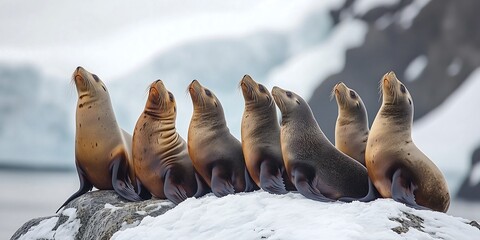 A group of sea lions basking on a rocky shore, showcasing their playful nature against a serene...