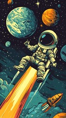 An astronaut soaring through space, surrounded by planets and a rocket, showcasing adventure.