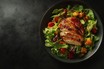 Top down view of a fresh salad and baked chicken at a dimly lit table with space for text