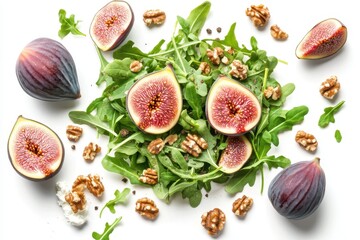 Top down view of a fig salad featuring goat cheese walnuts arugula and jam dressing on a white background