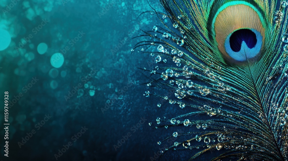 Aufkleber Close up view of a vibrant peacock feather adorned with dew drops on a blurred background. Generative AI