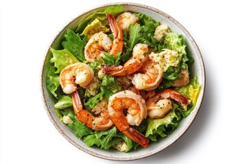 Top view of a prawn Caesar salad bowl
