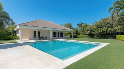 Modern Backyard with Sunbeds and Dining Area Near Swimming Pool in Sunny Garden Paradise Landscape