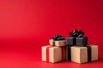 Obraz premium Three beautifully wrapped gifts on a vibrant red background, perfect for celebrations.