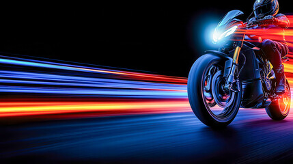 Sleek motorcycle speeding through neon lights, showcasing motion and power in a dramatic nighttime setting.