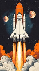 A rocket launches into space, surrounded by clouds and planets in a vibrant cosmic scene.