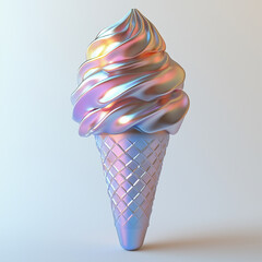 Ice cream cone in a waffle cup with holographic colors, 3D element  on white isolated background 