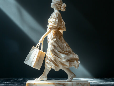 Sculpture marbre d'une femme marchant en tenant un grand cabas de courses : symbolisme de la décadence occidentale de la surconsommation, consumérisme, achat compulsif, addiction au shopping