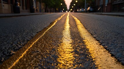 asphalt road trip,Shimmering asphalt road reflecting a golden post-rain glow

