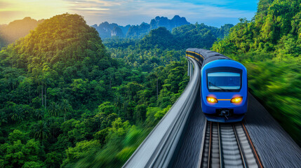 A sleek blue train glides along a curved track through lush green mountains and trees under a vibrant sky
