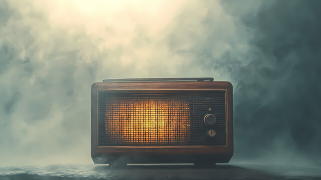 Vintage radio in a misty, foggy atmosphere. nostalgic, retro-themed image evoking memories of the past, perfect for themed designs or backgrounds. Wistful. Illustration