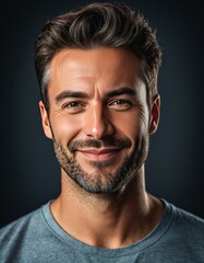 Obraz premium Smiling bearded man in casual gray shirt against dark background