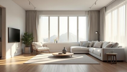 Fototapeta premium A modern living room boasts a large window with a view of mountains, complemented by a white sofa, wooden coffee table, and a flat-screen TV mounted on the wall.