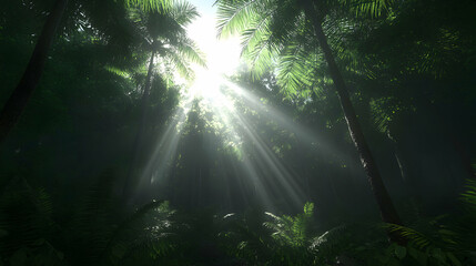 Sunbeams pierce through dense tropical rainforest canopy, creating a mystical and serene atmosphere.  Lush green foliage surrounds, casting shadows and highlighting the radiant light.