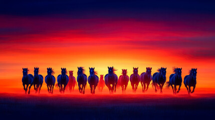 Fototapeta premium A stunning collection of silhouetted horses galloping into the vibrant sunset, creating a breathtaking display of nature's beauty and freedom.