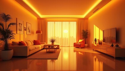  A modern living room features a large window with orange curtains, a white sofa, a red armchair, a wooden coffee table, and a flat-screen TV, all bathed in warm orange light.