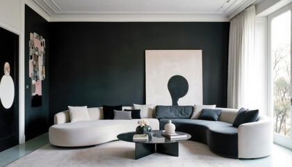  A modern living room features a curved white sofa with gray throw pillows, a black coffee table, and a large abstract painting on the wall, with a large window offering a view of trees.