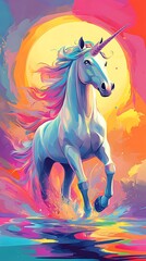 Naklejka premium A vibrant unicorn splashes through colorful water under a glowing sun.