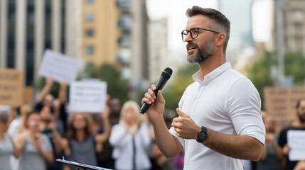 Speaker addresses crowd during peaceful demonstration advocating for social change in an urban setting