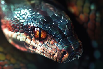 Fototapeta premium Detailed macro photo of pythons head intense lighting colors