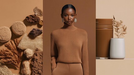 Color of the year 2025 Mocha Mousse. Mood fashion collage. Trendy aesthetic concept. Light brown coffee moodboard.