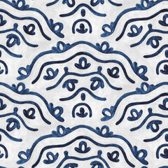 Seamless blue and white gouache pattern. Wavy vintage ornament. Handmade.
