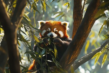 Red panda eating bamboo in detailed photorealistic forest setting