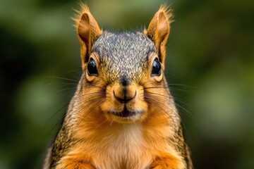 Fototapeta premium Vivid closeup of alert fox squirrel on feeder detailed fur