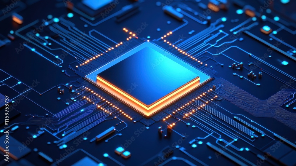 Poster vibrant microchip design in a tech workshop setting
