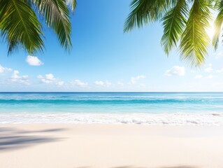 Obraz premium Tranquil beach scene with palm trees, clear blue sky, and gentle waves lapping at the shore.