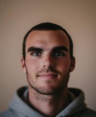 Obraz premium Serene young man with short hair and beard wearing casual grey hoodie, looking at camera with calm expression