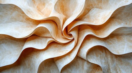 This image features a stunning swirl of textured paper, showcasing an intricate spiral pattern with soft beige and cream tones.