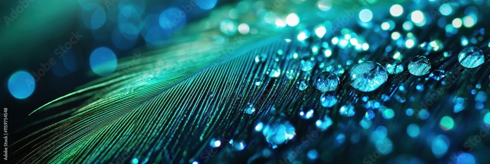Poster close up of a peacock feather adorned with dew drops showcasing vibrant colors and textures. generat