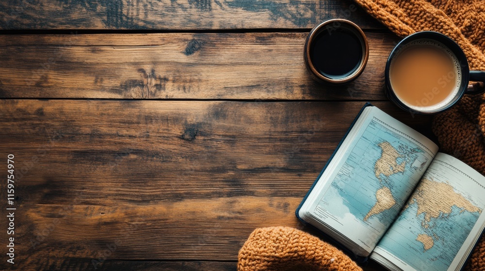 Poster cozy travel flatlay with warm beverages and an open travel guide on a rustic wooden table showcasing