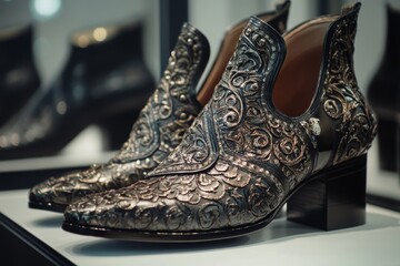 Ornate metallic ankle boots displayed elegantly on a shelf.