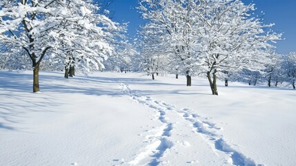 Snow-covered trees and footprints in a winter landscape under a clear blue sky.