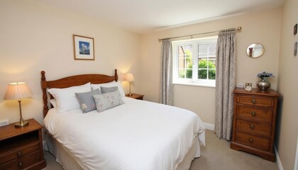 Fototapeta premium A serene bedroom features a large bed with white linens, wooden nightstands, a dresser, and a window with a view of trees.