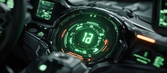 Modern vehicle cockpit interface, digital speedometer in the center with glowing numbers, surrounded by minimalist data displays, tech aesthetic