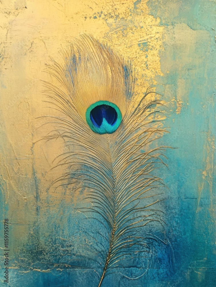 Aufkleber intricate textures of a peacock feather against a vibrant blue and gold background for artistic mock
