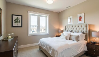 Fototapeta premium A serene bedroom features a large bed with white linens, a tufted headboard, and a nightstand with a lamp. The room is adorned with two framed pictures, a plant, and a window
