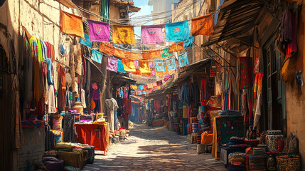 Obraz premium A street market set up in an alleyway, with colorful banners hanging between buildings, and vendors selling street food, clothes, and small trinkets, creating an intimate, vibrant scene. 