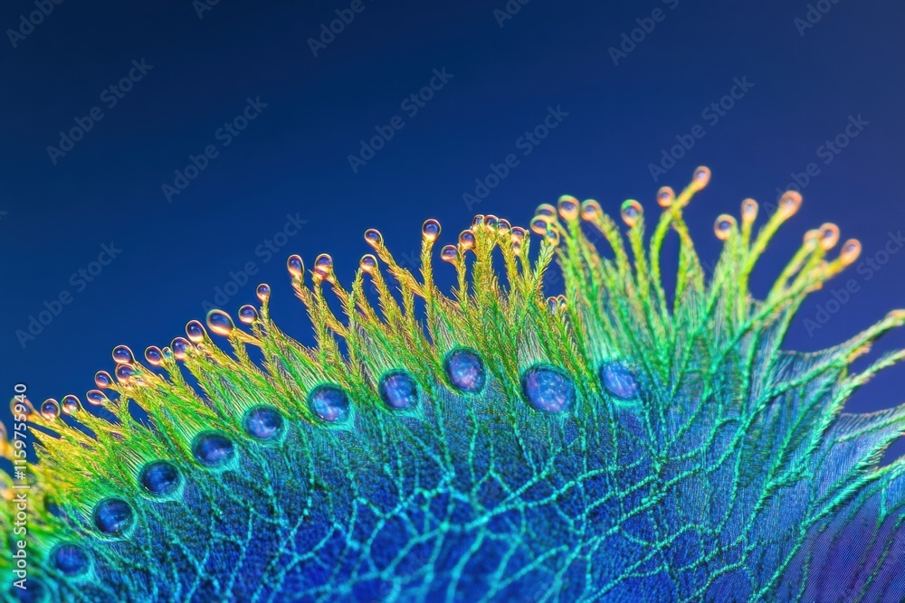 Aufkleber close up of a vibrant peacock feather adorned with dew drops showcasing intricate details and colors