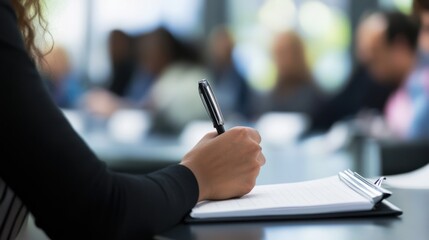 A professional woman attending a workshop with a notepad. In a seminar room