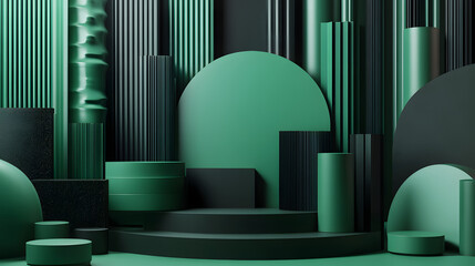 3d rendering of Green and black abstract geometric background. Scene for advertising, technology, showcase, banner, game, sport, cosmetic, business, metaverse. Sci-Fi Illustration. Product display


