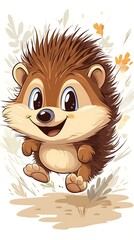 A cheerful cartoon hedgehog with big eyes, set against a light floral background.